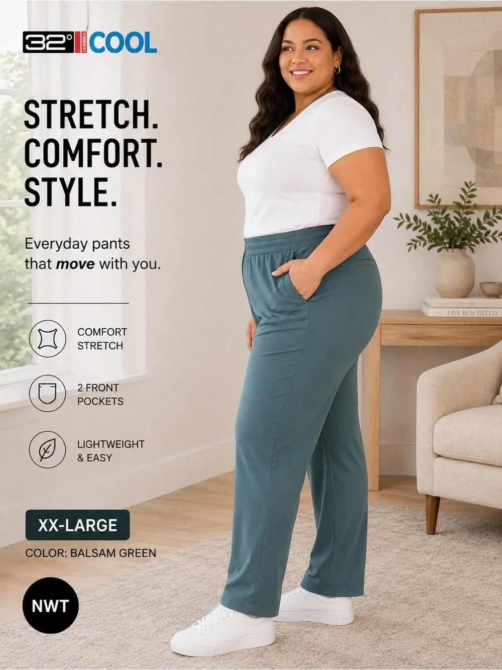 NWT 32 Degrees Cool Balsam Green Stretch Pull-On Pants 28.5” XXL